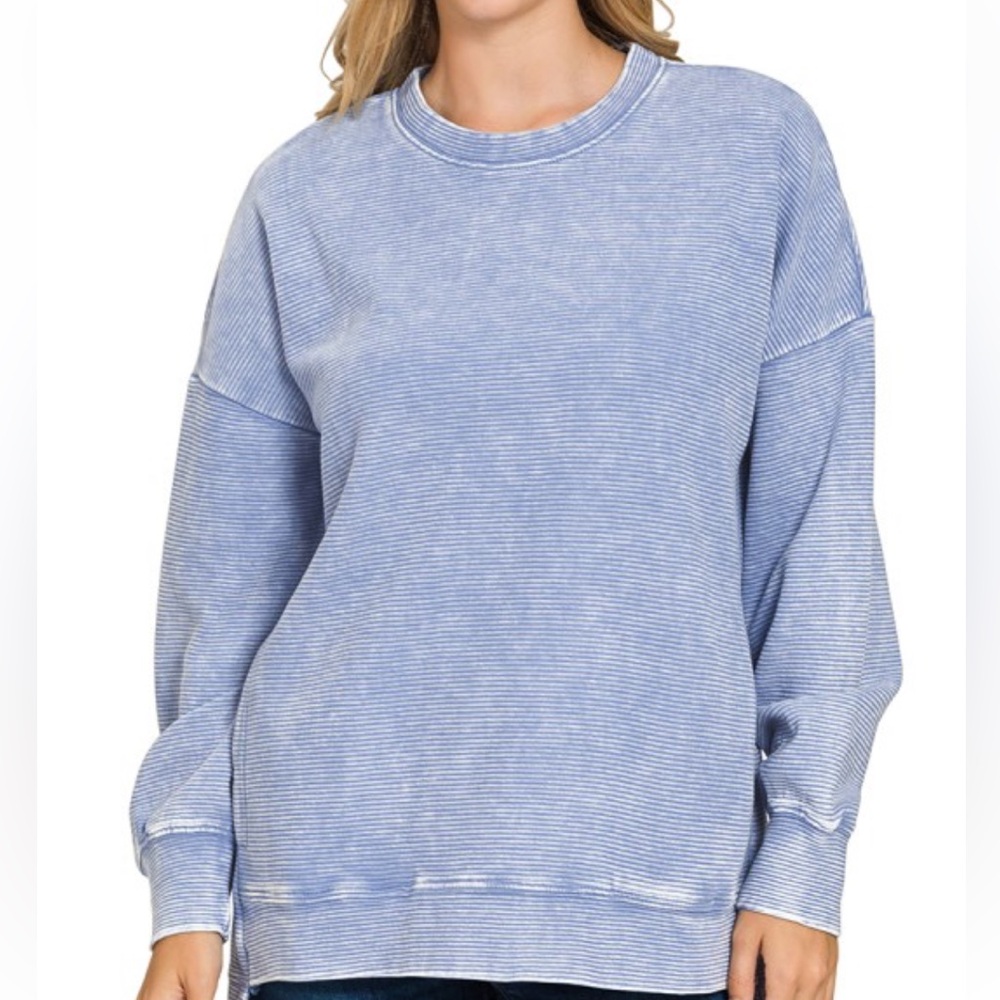 Washed Light Blue Ribbed Crewneck Sweatshirt